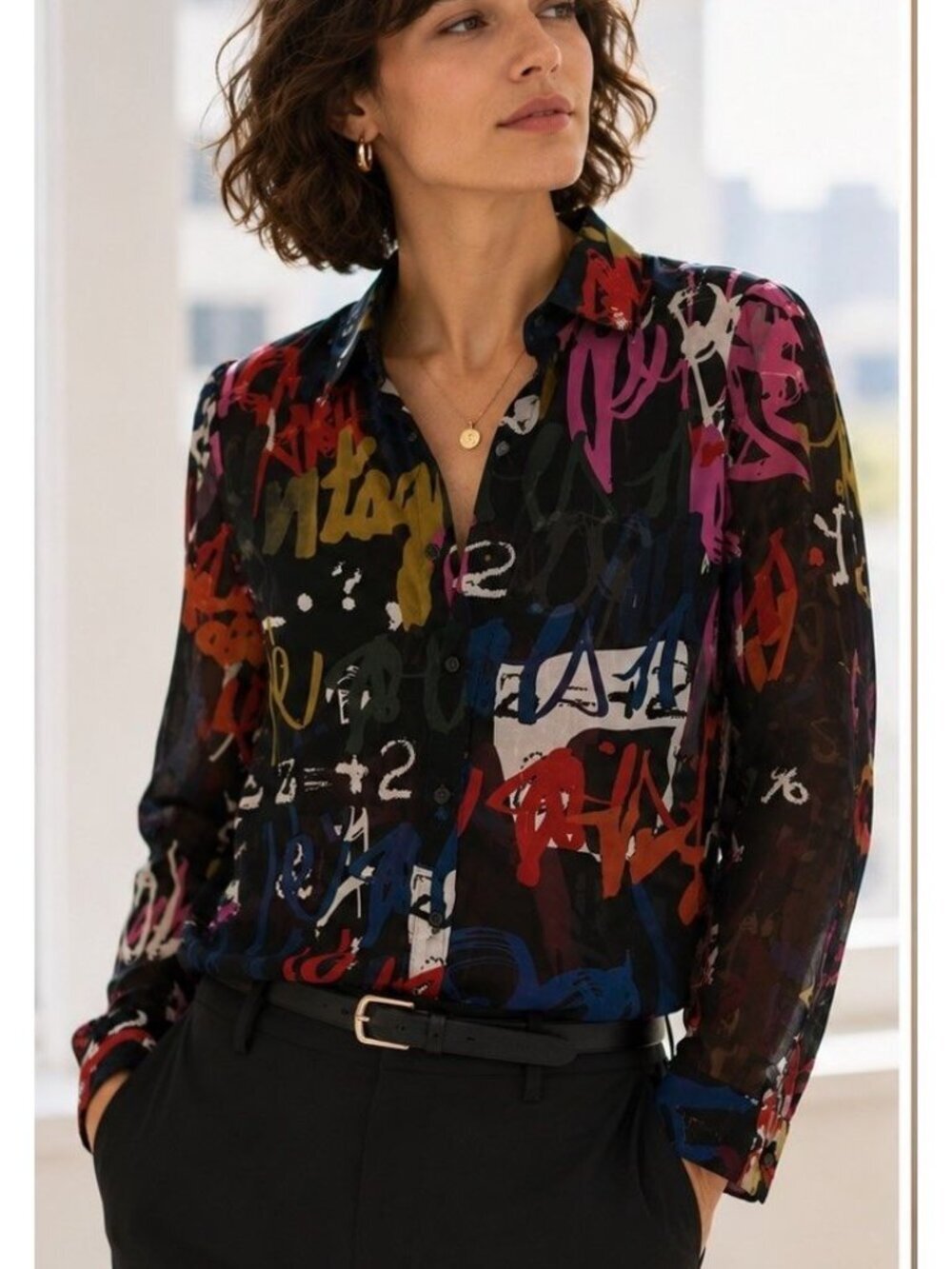 CHARLIE B Abstract Graffiti Sheer Button Front Blouse Black SMALL P Career